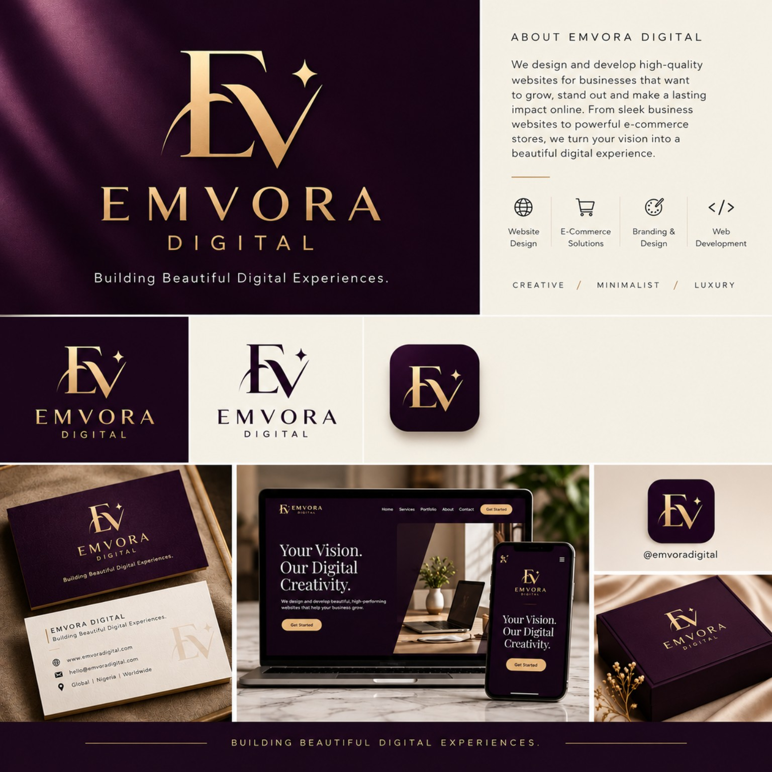 EMVORA DIGITAL purple and gold brand identity board